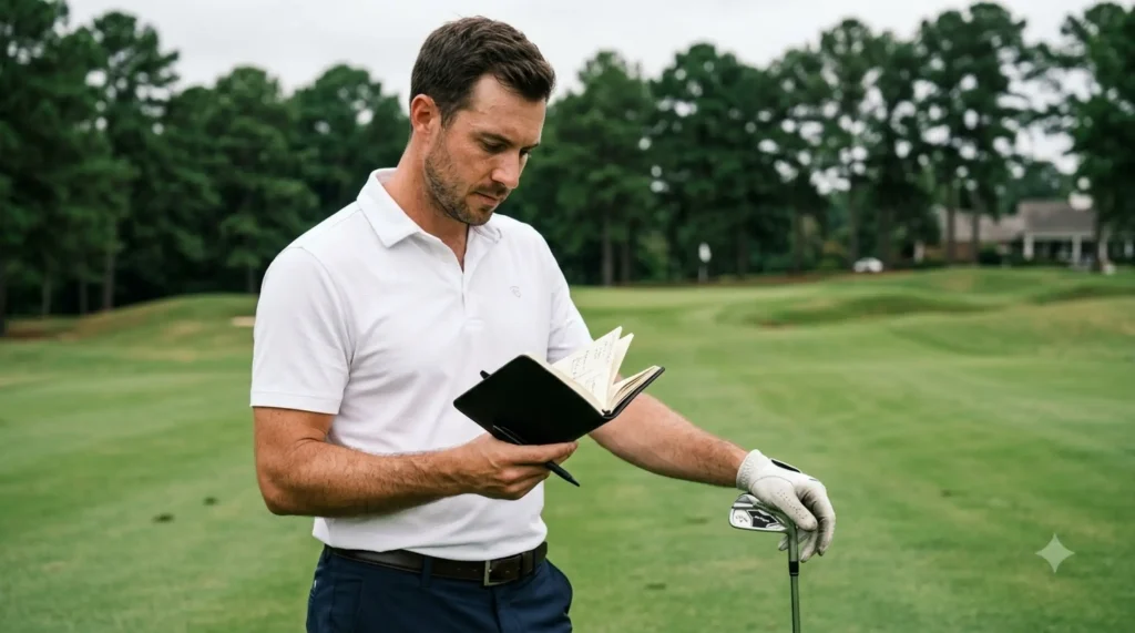 golfer checking pocket-sized golf journal notes during a round