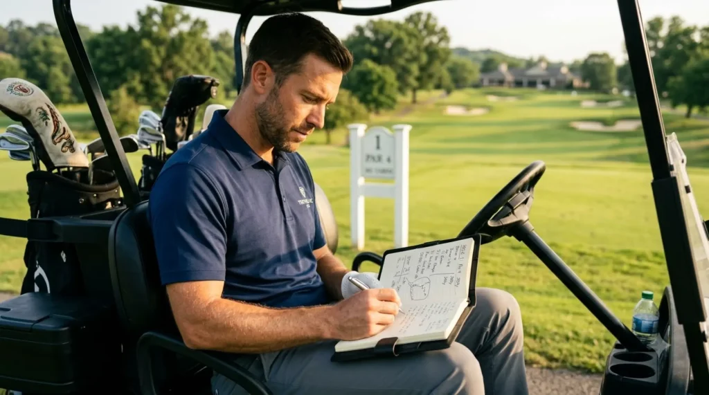 golfer writing in a golf pre-round planning journal before teeing off