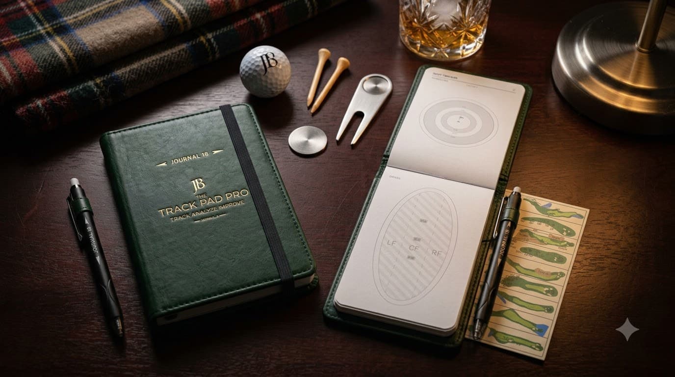 personalized golf gift for husband next to an engraved leather journal