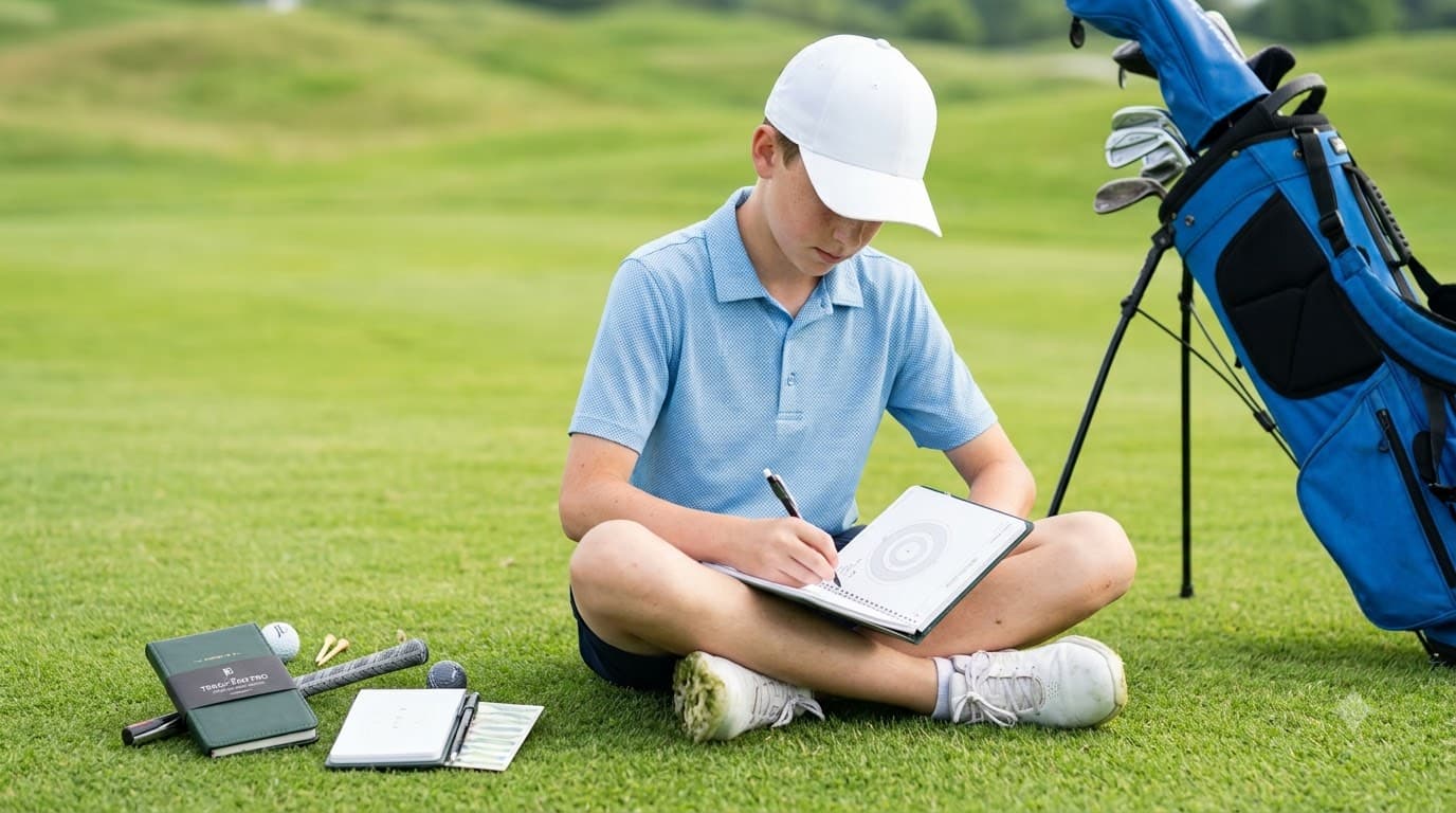 A young golfer writing in an open golf journal beside their clubs, a simple gift for a junior golfer who already plays