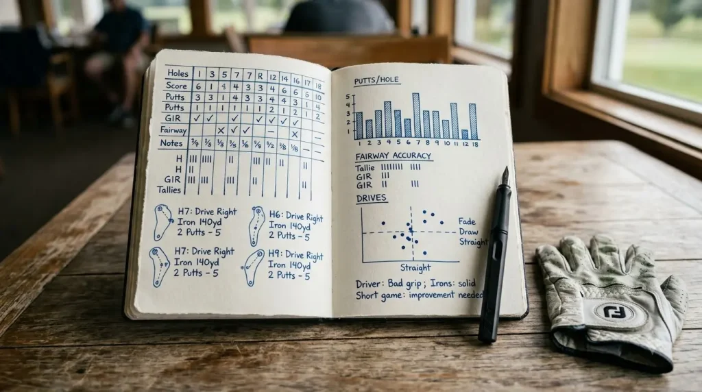 handwritten pre-round and post-round pages side by side in a golf journal