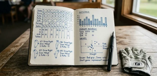 handwritten pre-round and post-round pages side by side in a golf journal