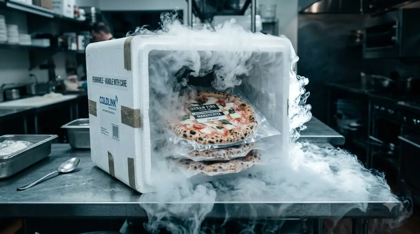 insulated shipping box with dry ice for frozen Italian pizzas