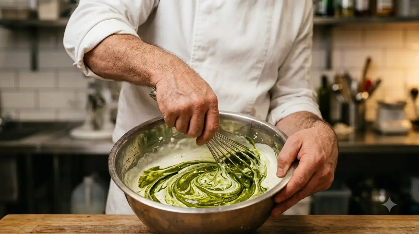chef mixing pure Italian pistachio paste into a creamy gelato base