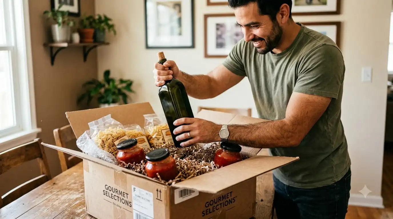 Home cook unpacking a delivery box of imported Italian pasta, olive oil, and sauces