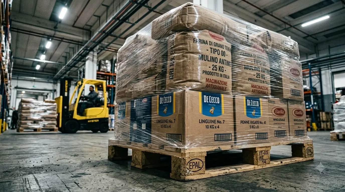 Pallet of wholesale food packaging ready for freight pickup