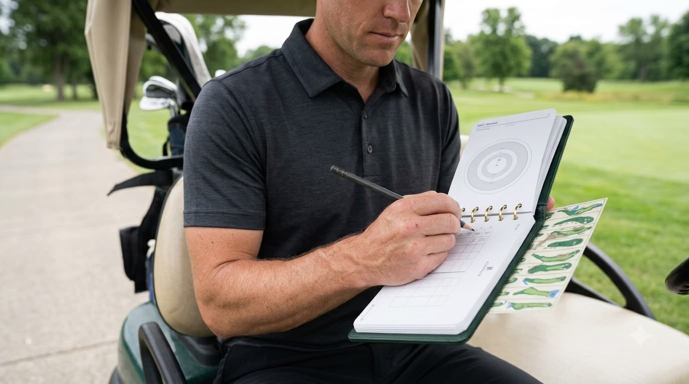 golfer logging fairways greens and putts stats in a golf journal