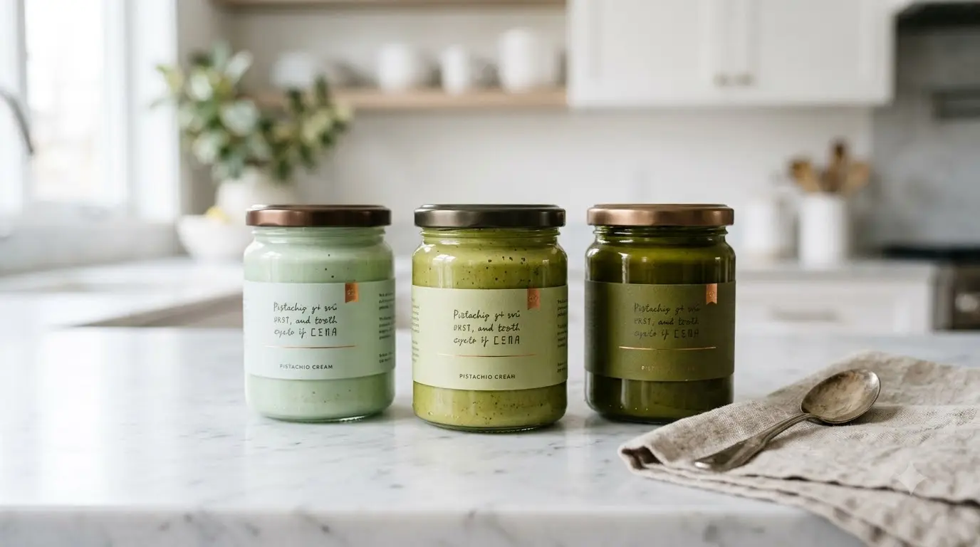 Jars compared for best pistachio cream for Dubai chocolate bar filling