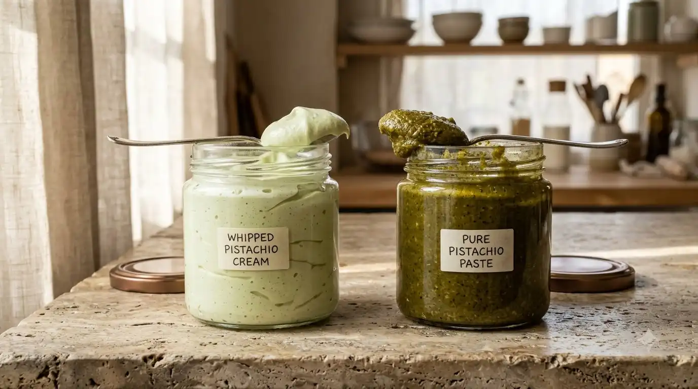 two jars showing the pistachio cream vs pistachio paste difference in texture