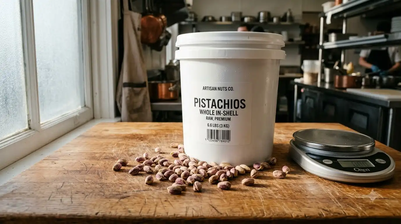 Sicilian pistachio cream 6.6 lb bulk tub on bakery counter