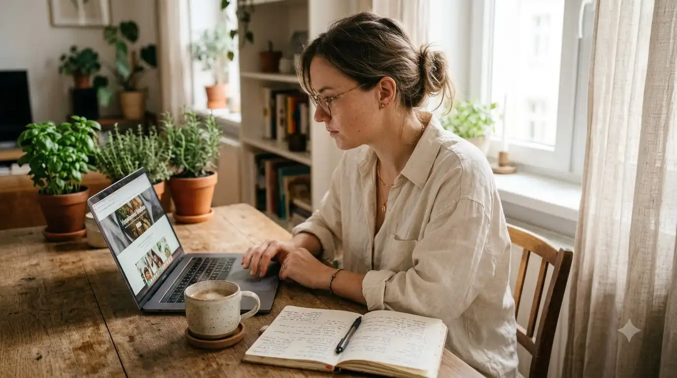home baker researching where to buy pistachio flour for baking on laptop