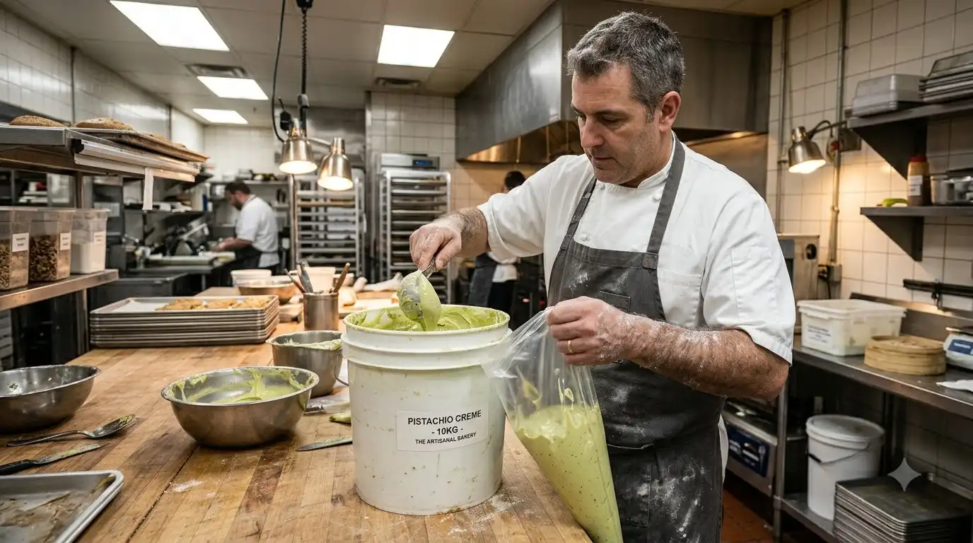 pastry chef piping pistachio croissant filling cream from a wholesale tub