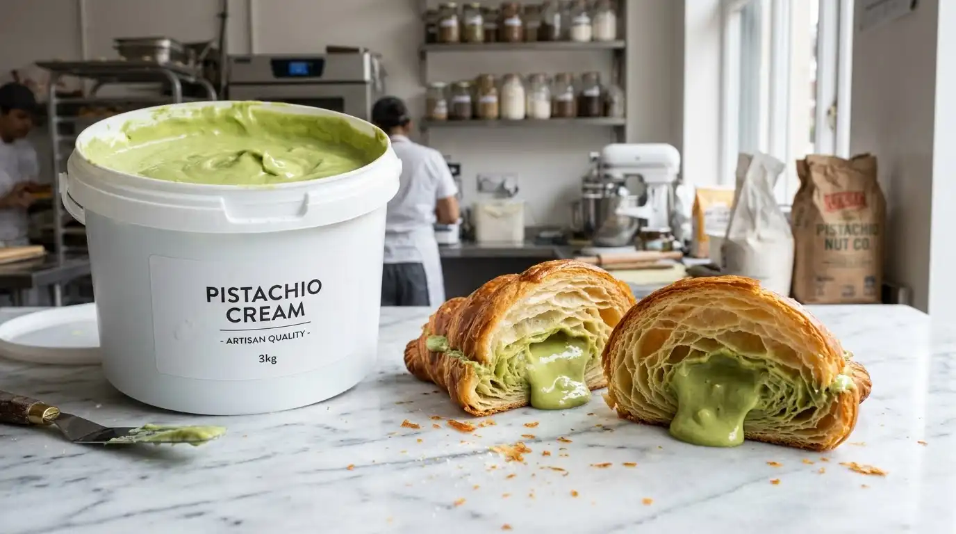 Open 3kg tub of bulk pistachio cream beside freshly filled croissants