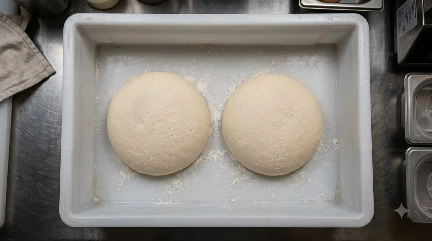 two neapolitan dough balls resting in trays after overnight fermentation