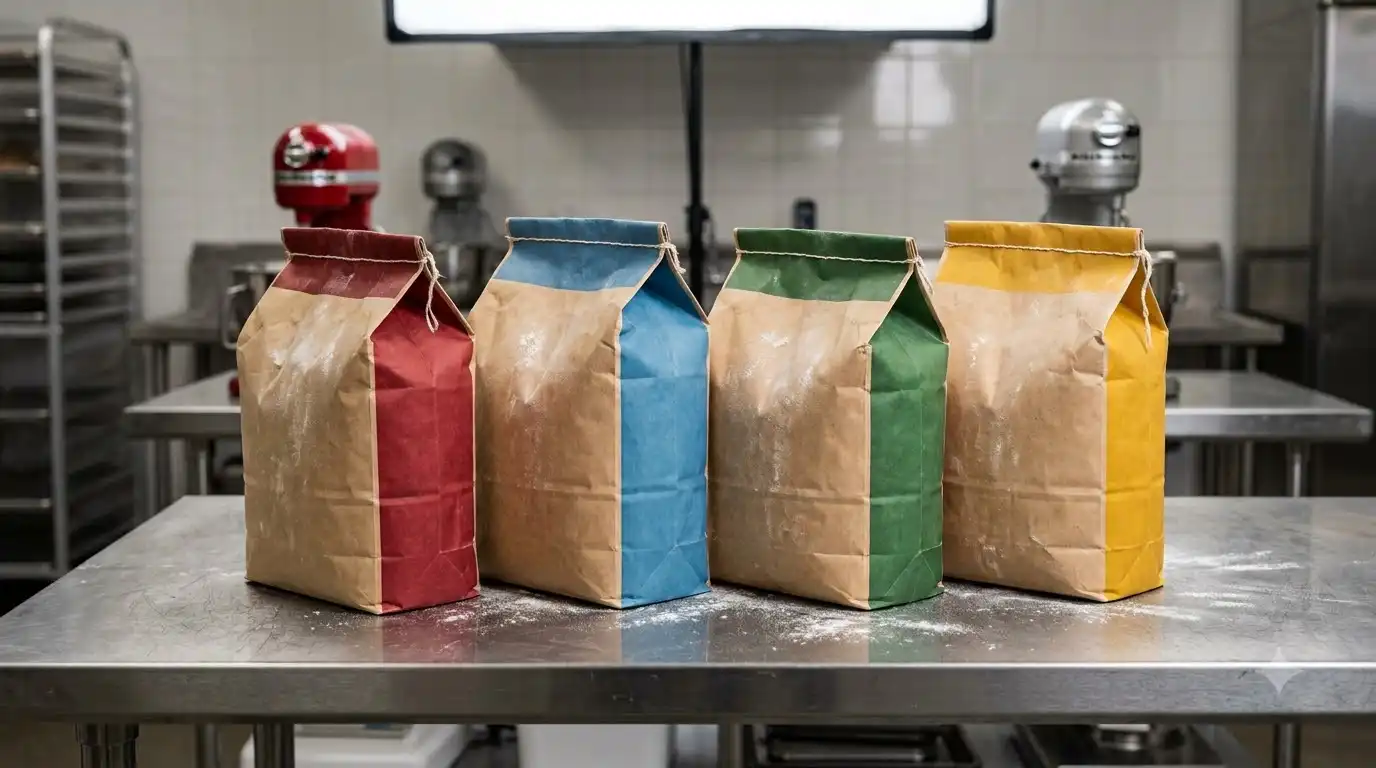 Four Polselli flour bags lined up with their W strength labels