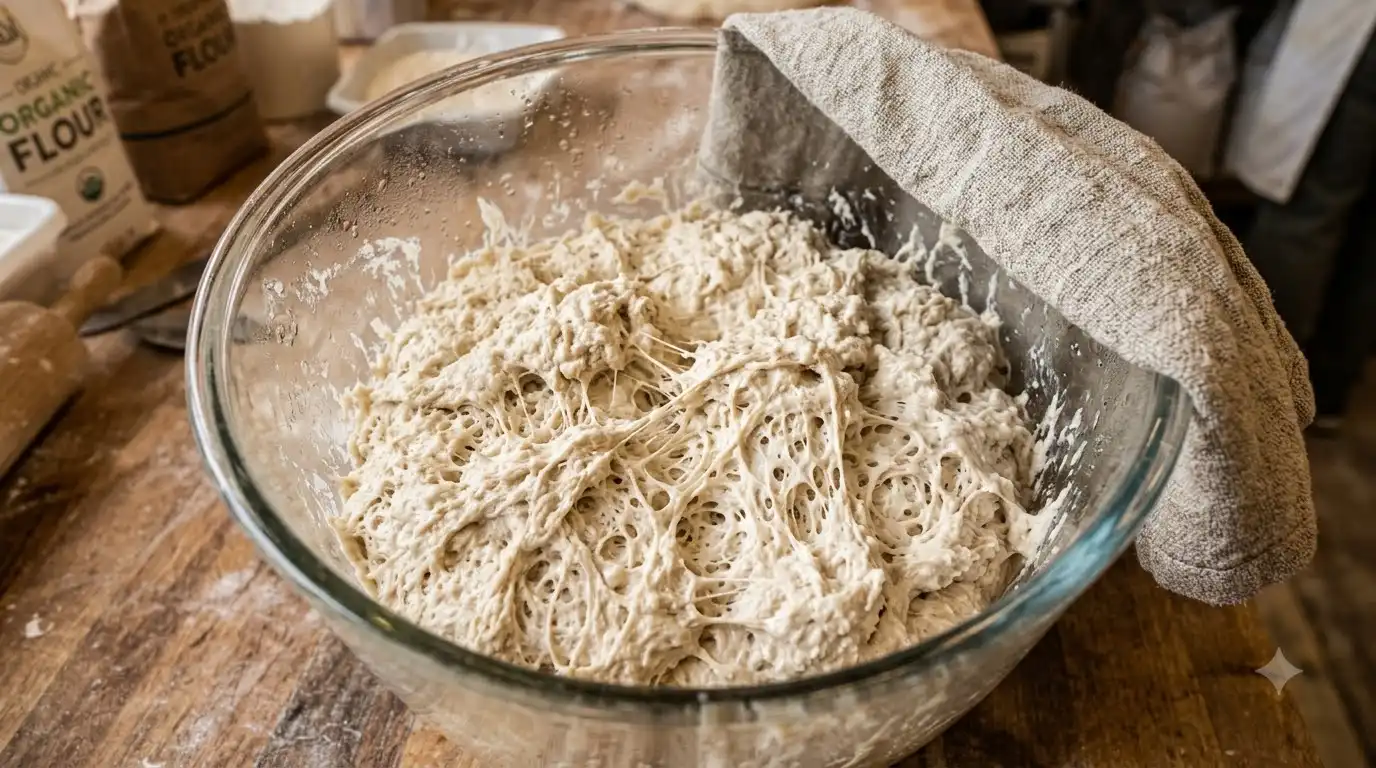 bowl of shaggy biga preferment resting before a long fermentation