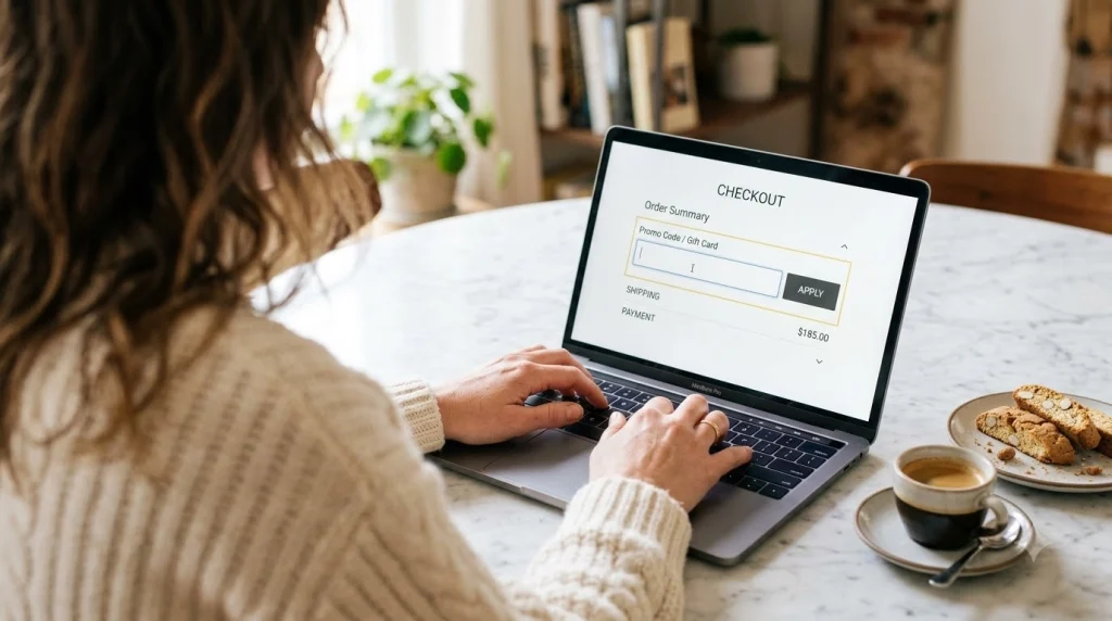 Shopper entering a Wholesale Italian Food discount code at checkout
