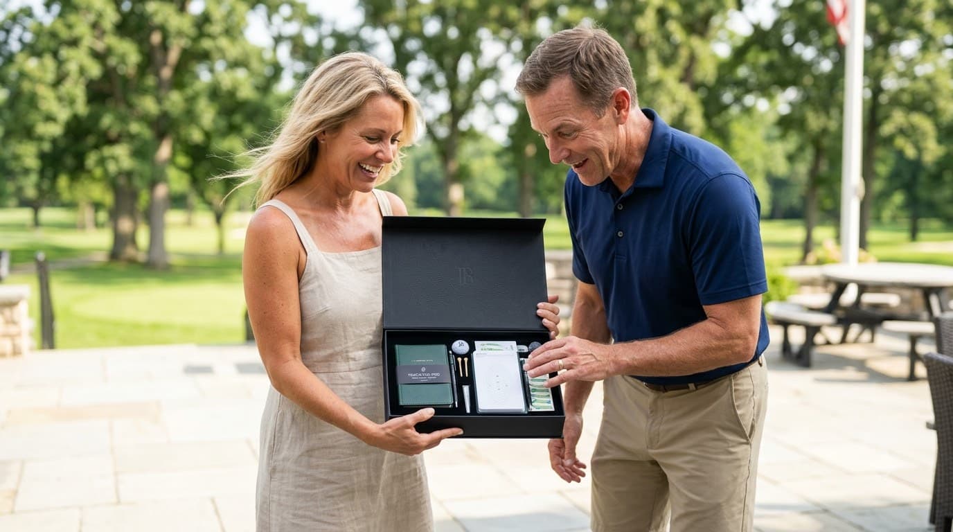 wife giving husband a personalized golf gift outdoors