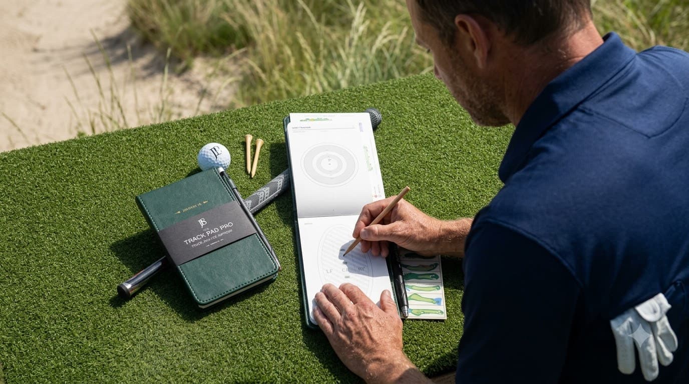 golfer hand-tracking golf stats on a paper scorecard mid-round