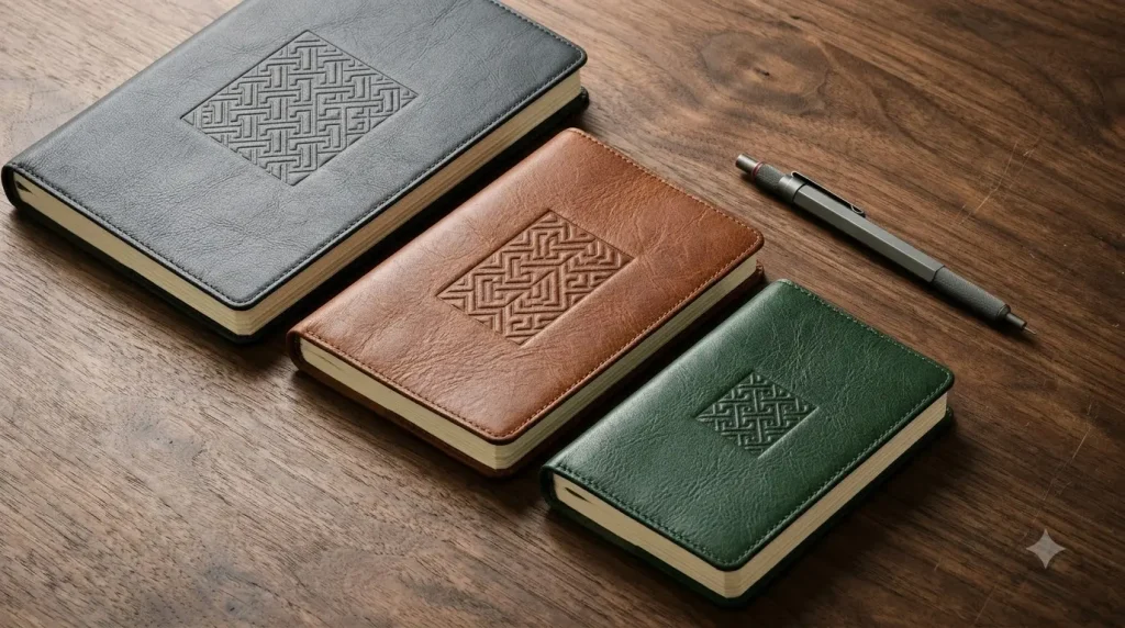 three Journal 18 golf journal models side by side showing size and cover texture