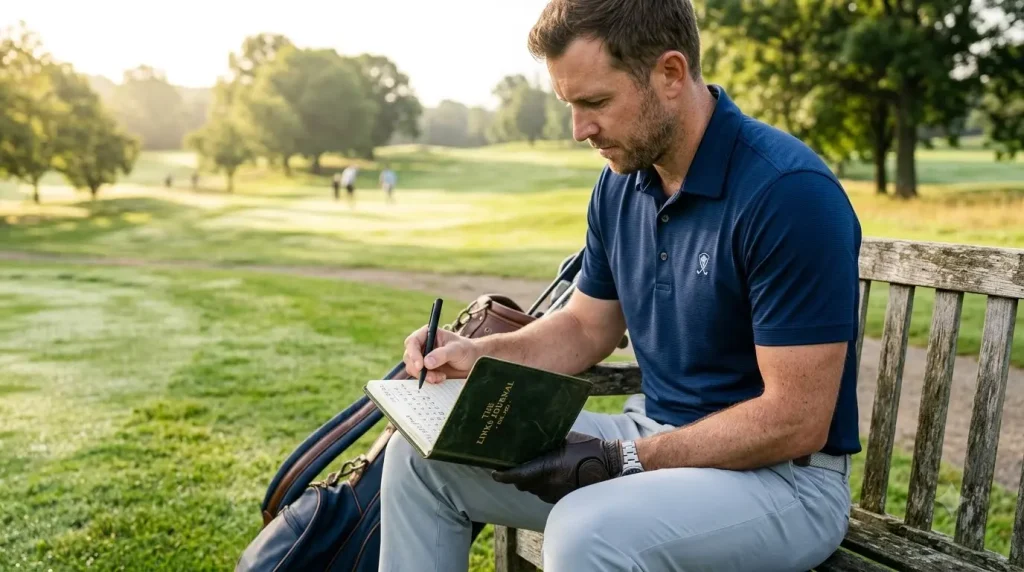 golfer writing round stats into a performance tracking golf journal on the course