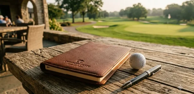 physical golf journal open showing hole-by-hole performance tracking columns