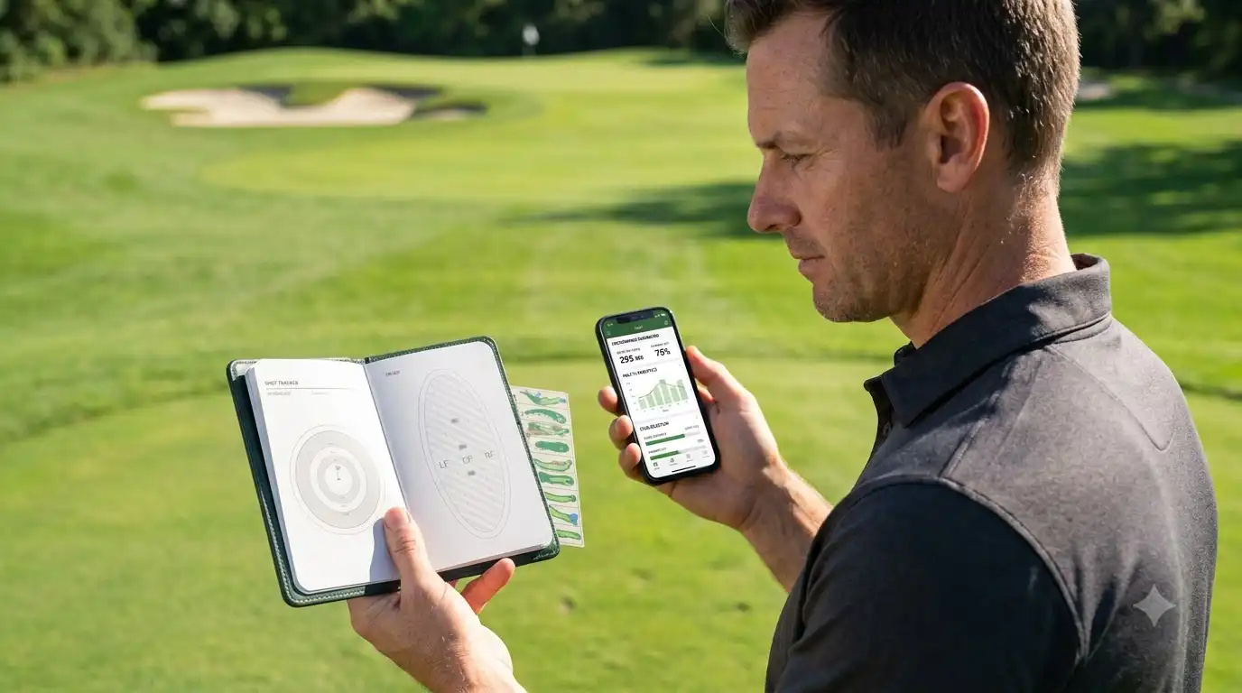 golfer comparing a paper golf journal with a phone tracking app