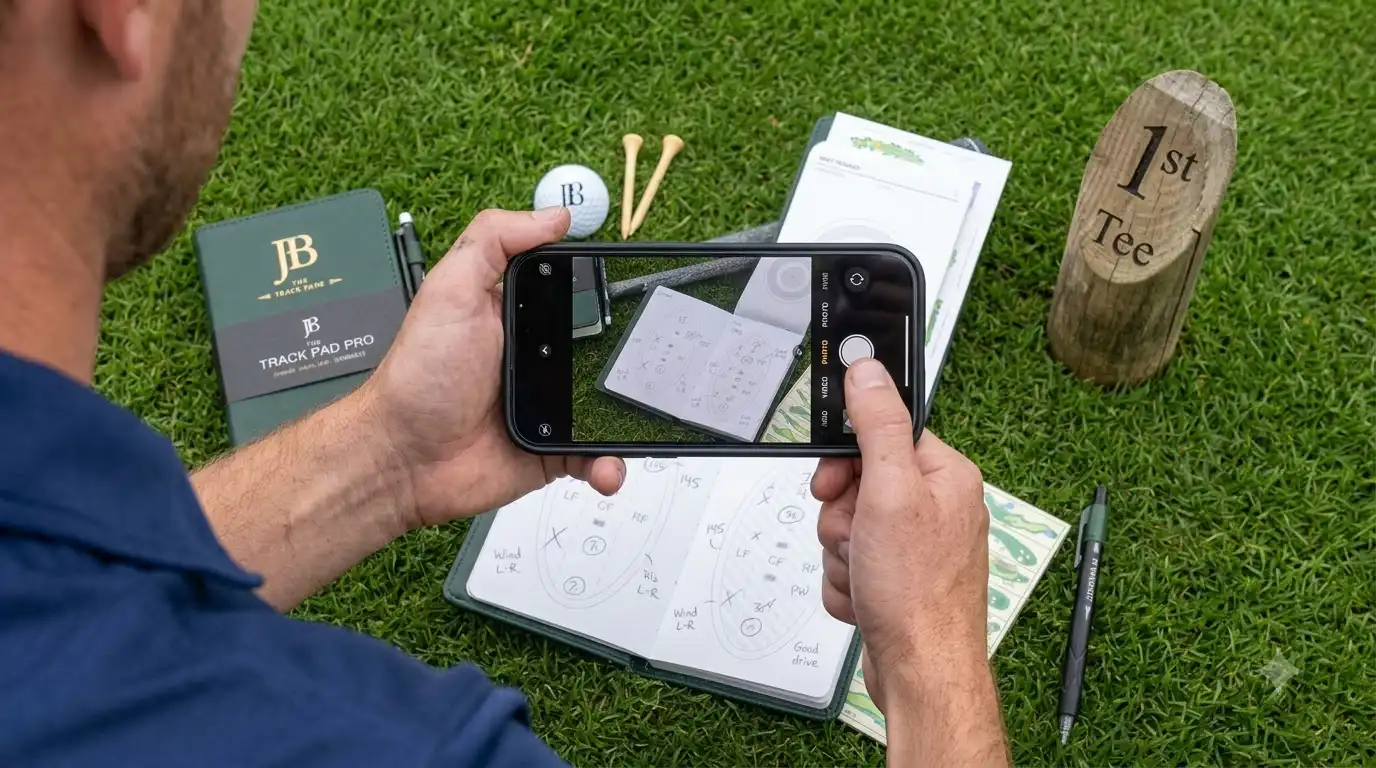 golfer photographing a handwritten scorecard for AI scanning
