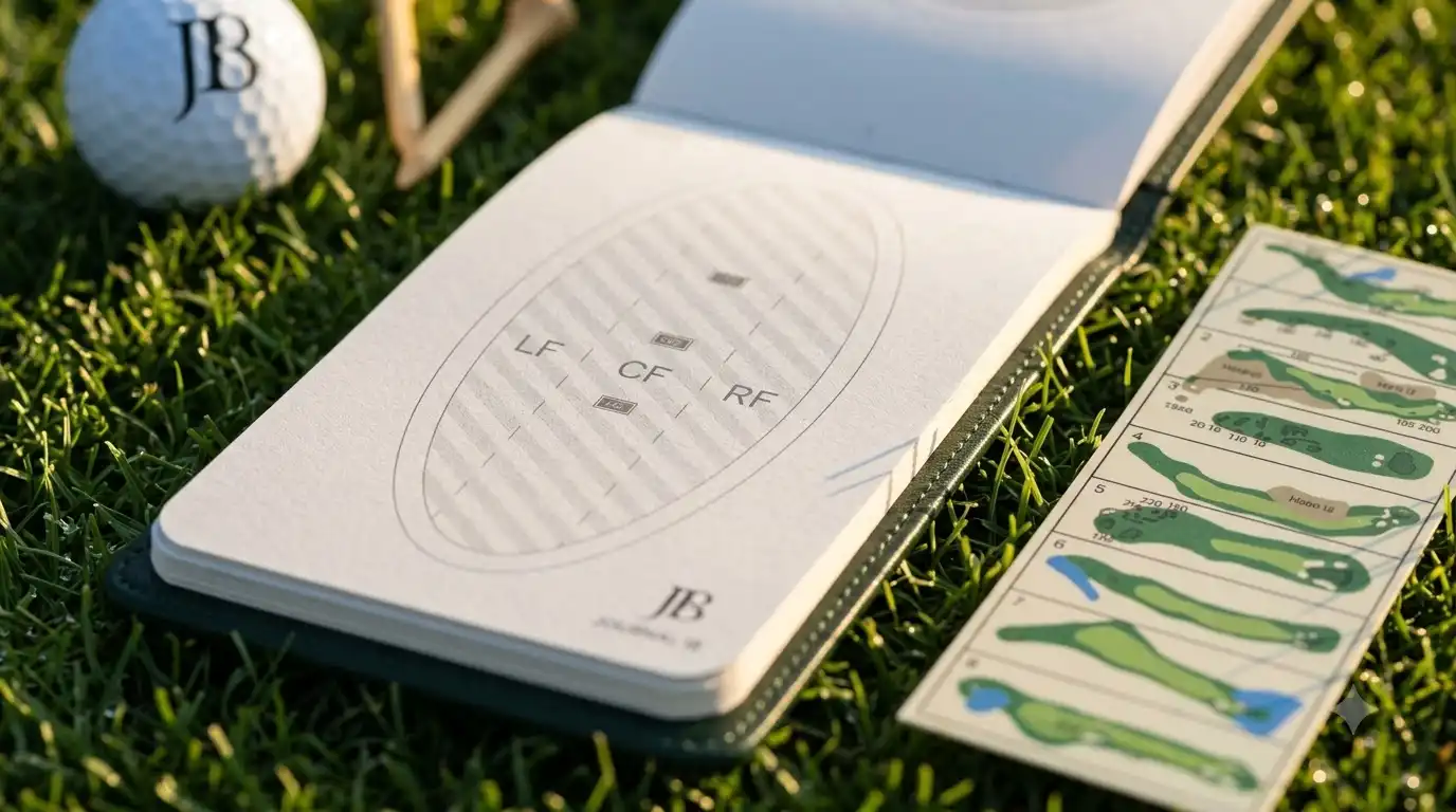 golfer checking a GPS app then writing in a pocket journal