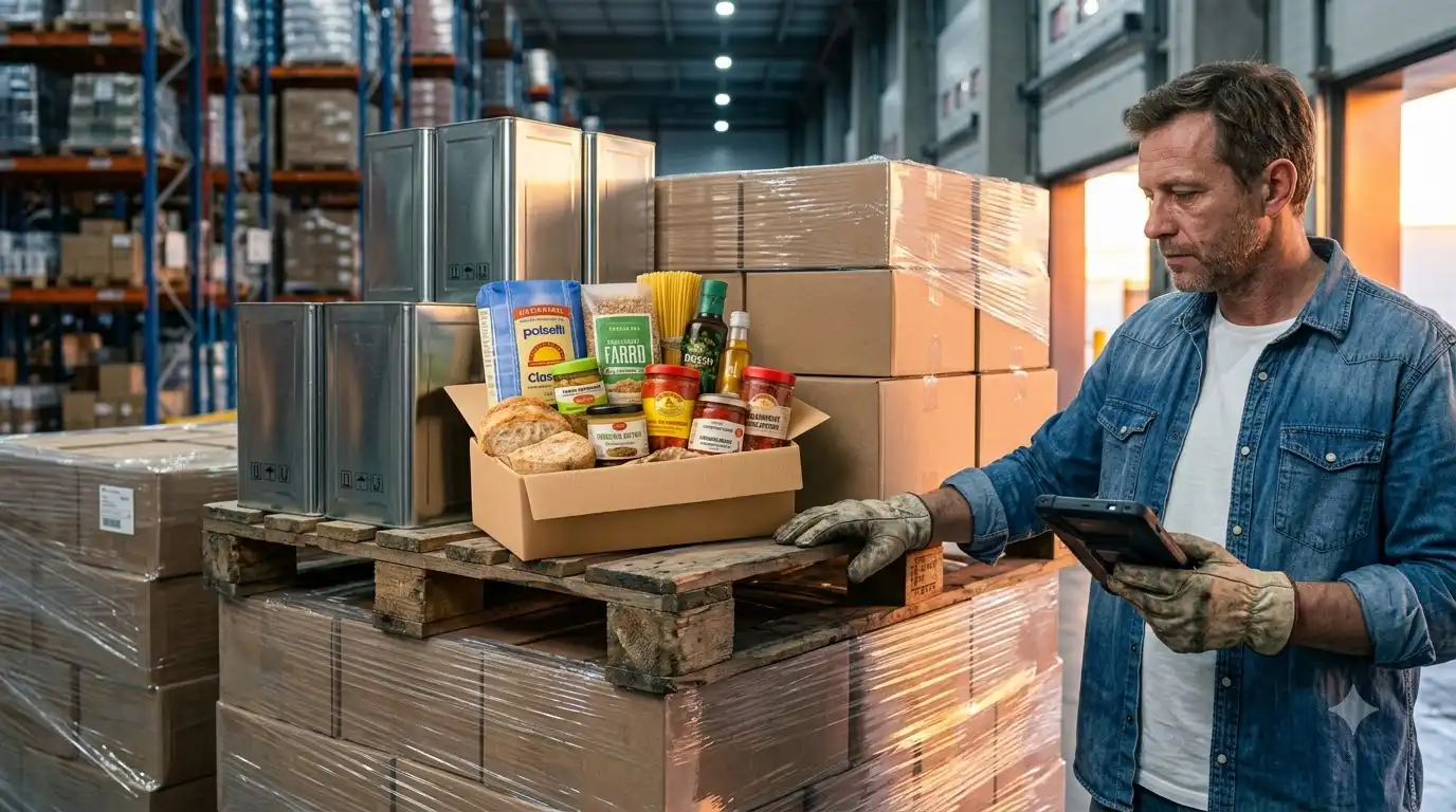 Shipping method icons for ground, air, pallet, and full truckload delivery shown on the Wholesale Italian Food website