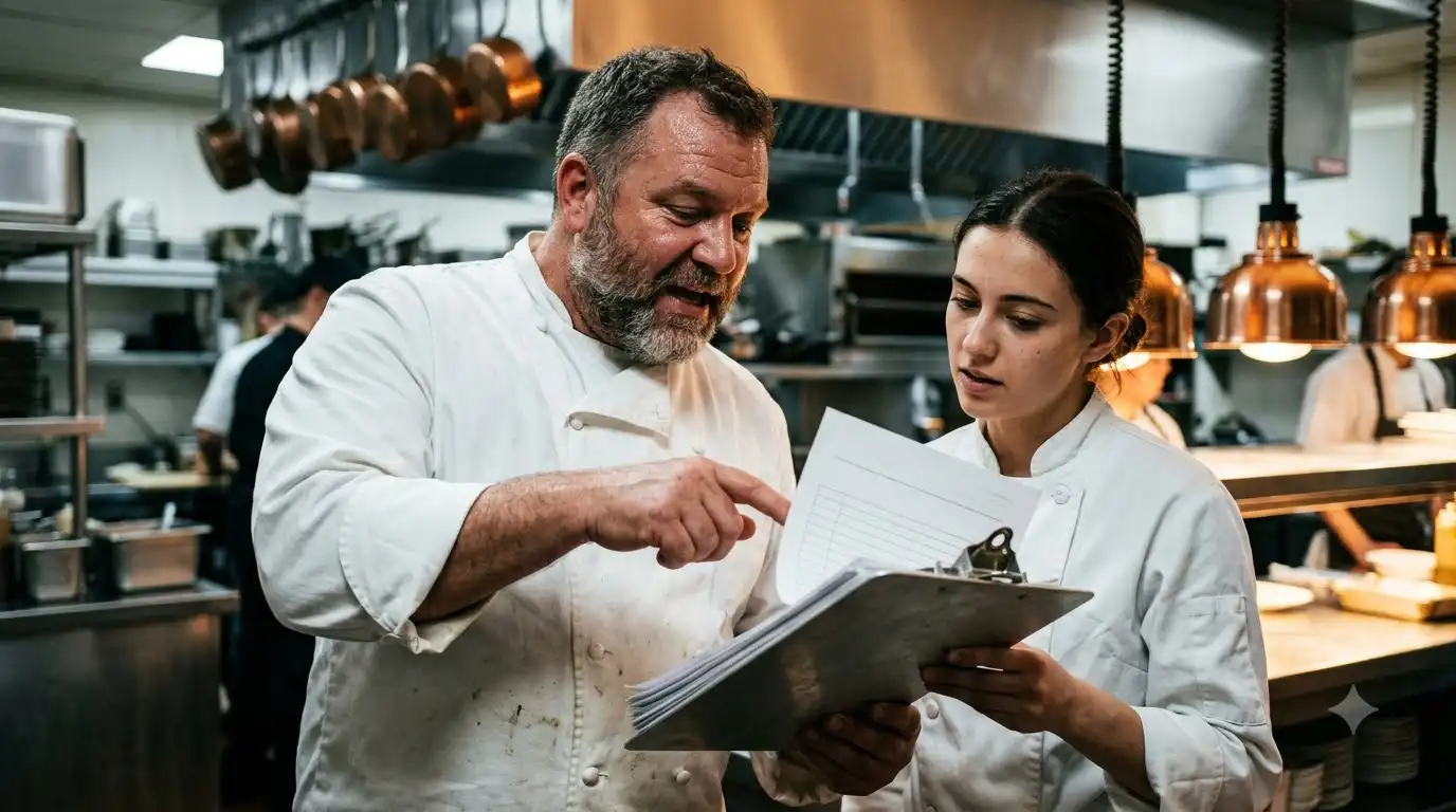 restaurant kitchen staff reviewing wholesale Italian food order details