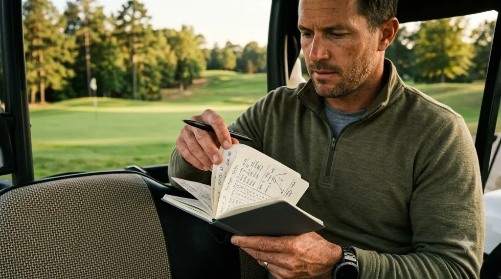 golfer reviewing several completed pages in a pocket golf journal