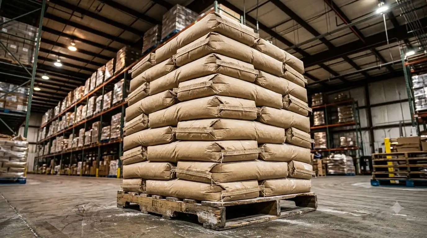 bulk bags of Italian tipo 00 pizza flour stacked on pallets