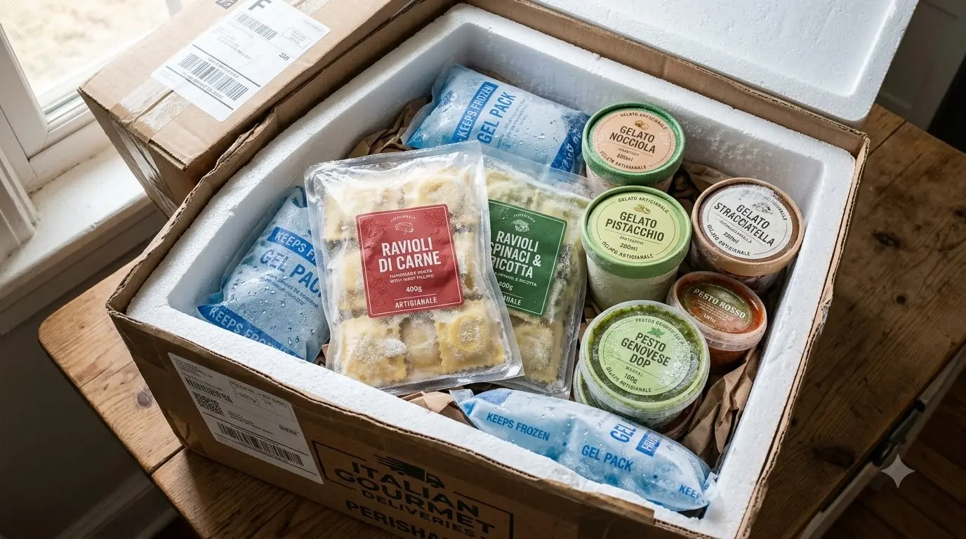 Insulated shipping box with frozen Italian food products