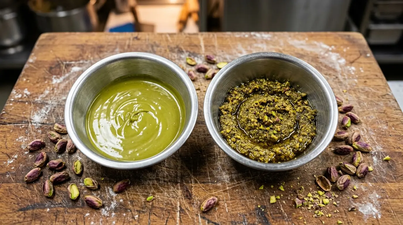 Side-by-side bowls of sweet pistachio cream and unsweetened pistachio paste