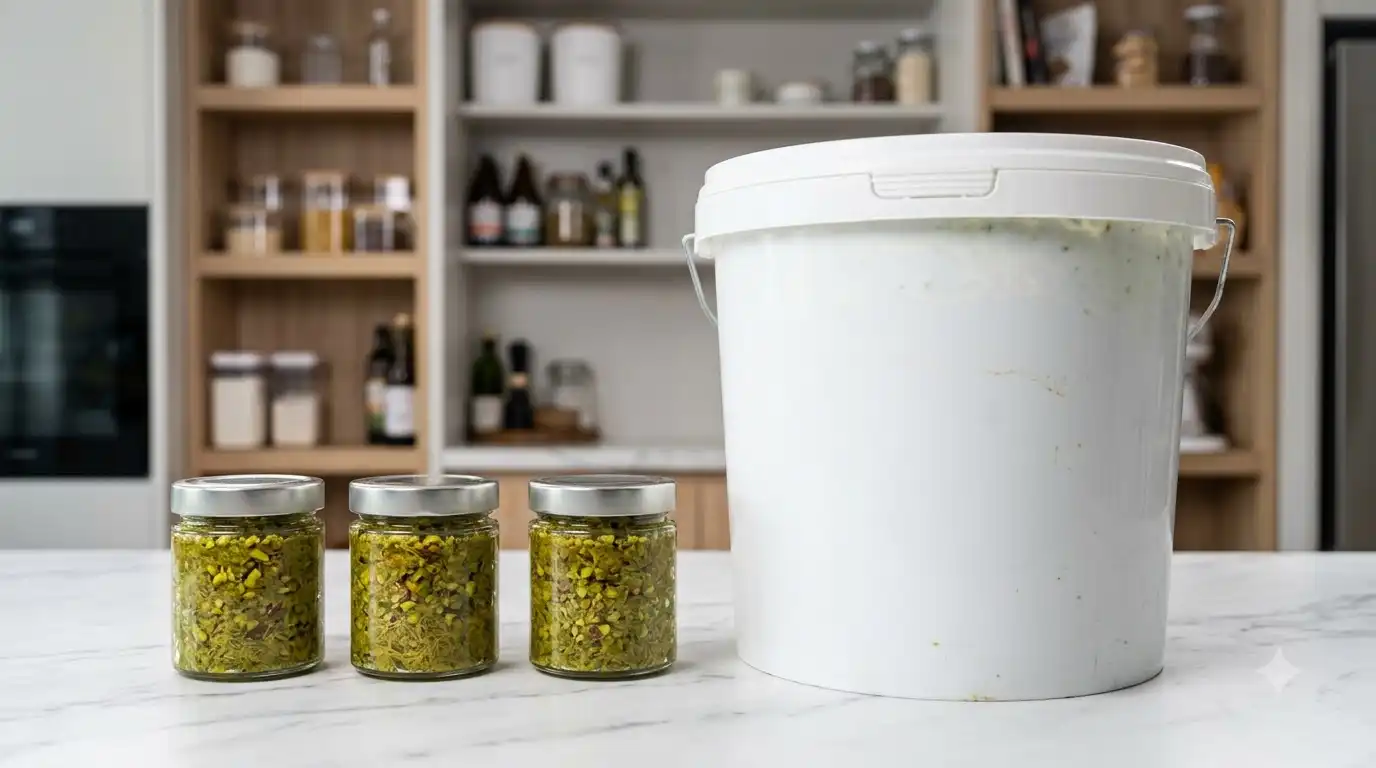 Small pistachio filling jars next to a large bakery tub
