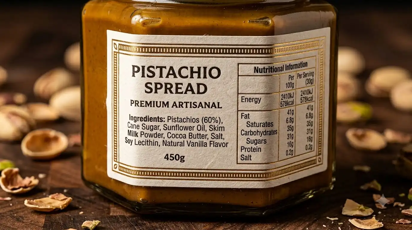 close-up of ingredient labels on a pistachio spread jar
