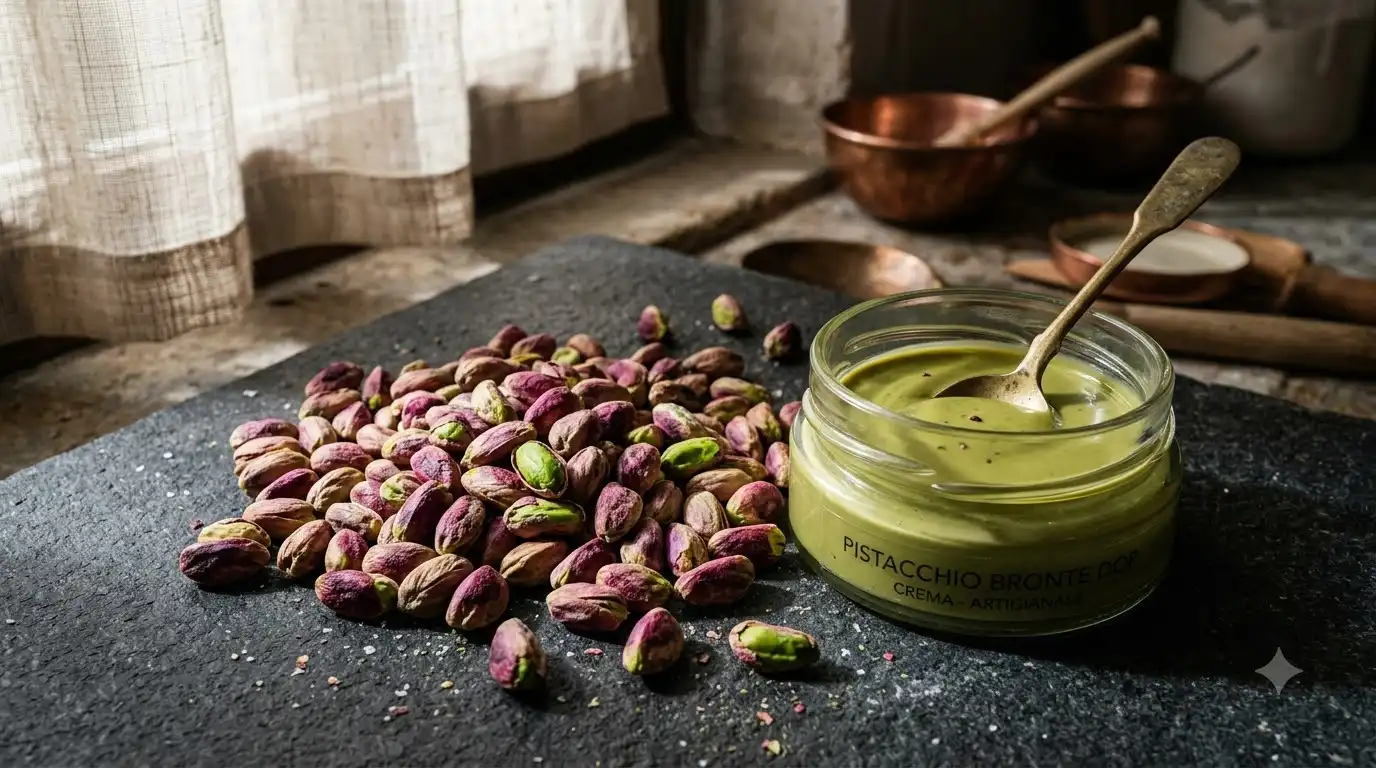 Bronte pistachio kernels with ruby skins beside an open cream jar