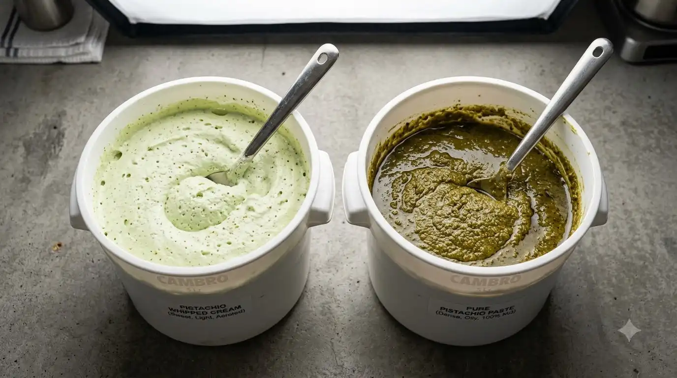 tub of sweet pistachio cream beside tub of pure pistachio paste
