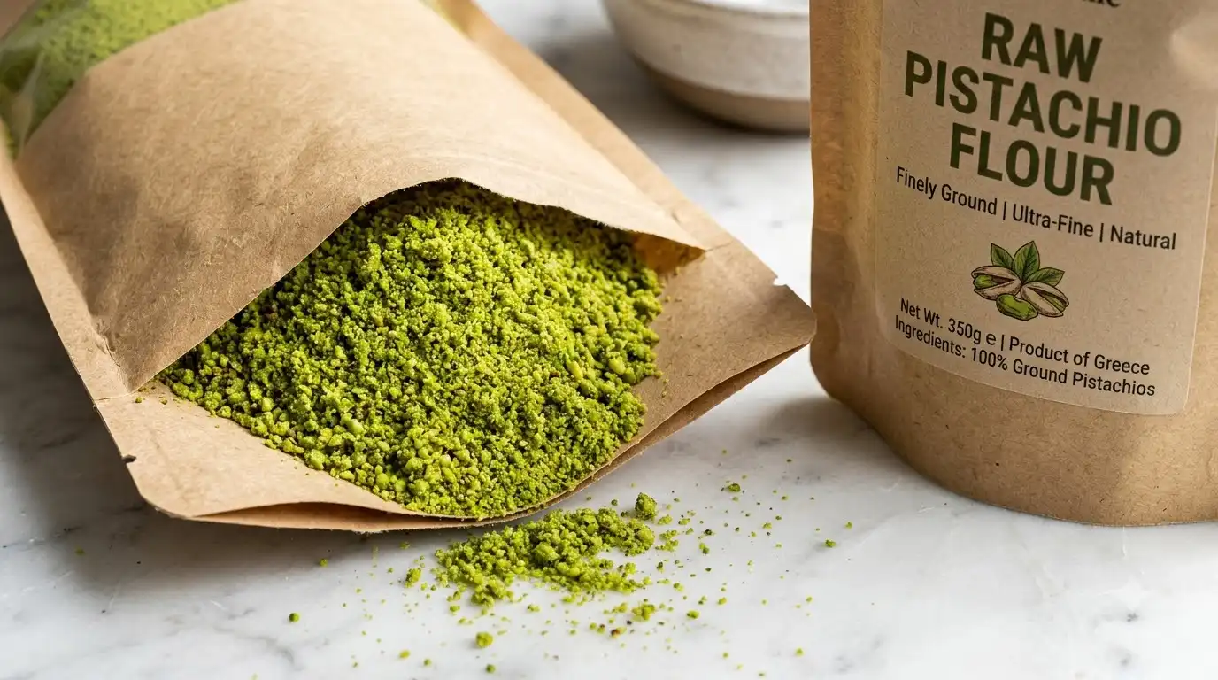open bag of finely ground green pistachio flour with ingredient label
