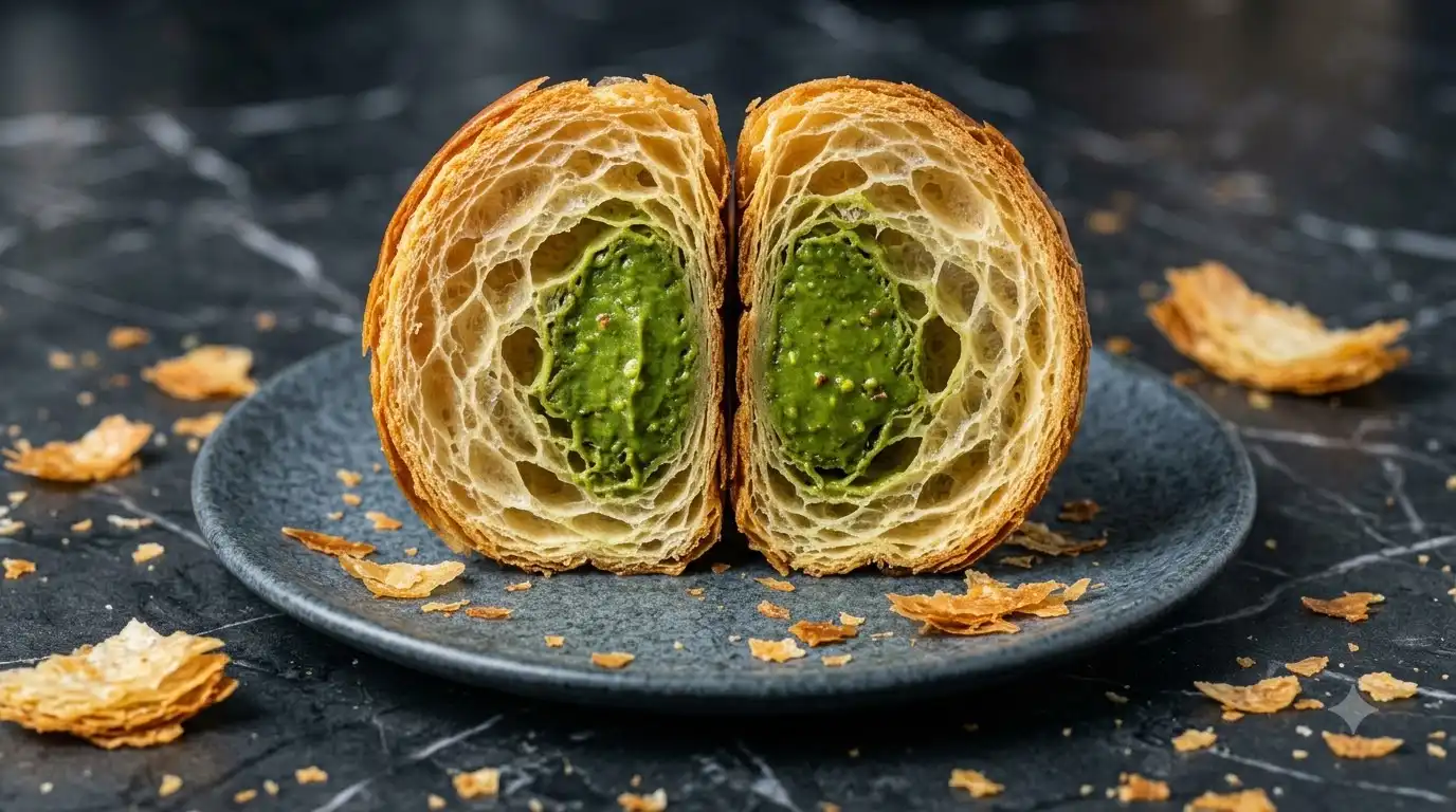 croissant cut open showing green pistachio cream filling inside