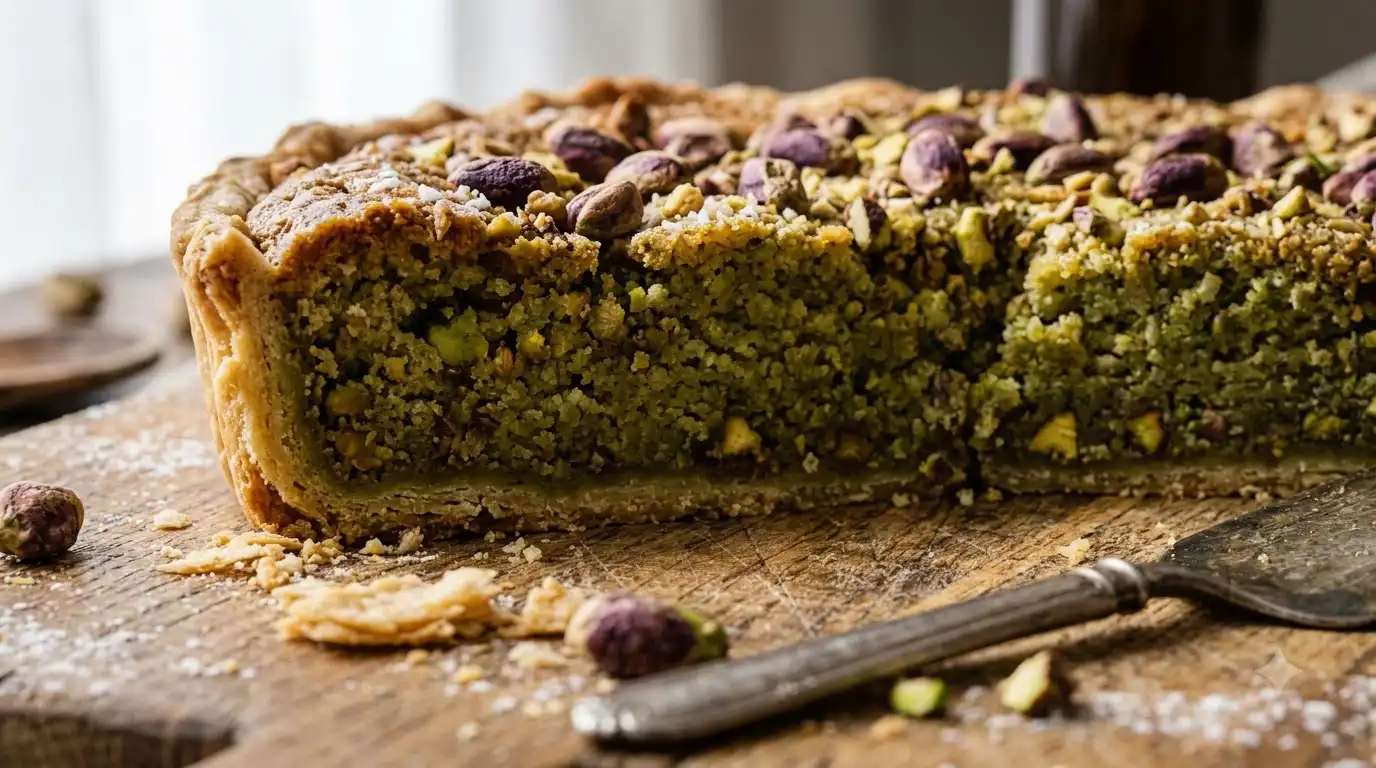 Sliced pistachio frangipane tart showing the baked filling texture after cooling