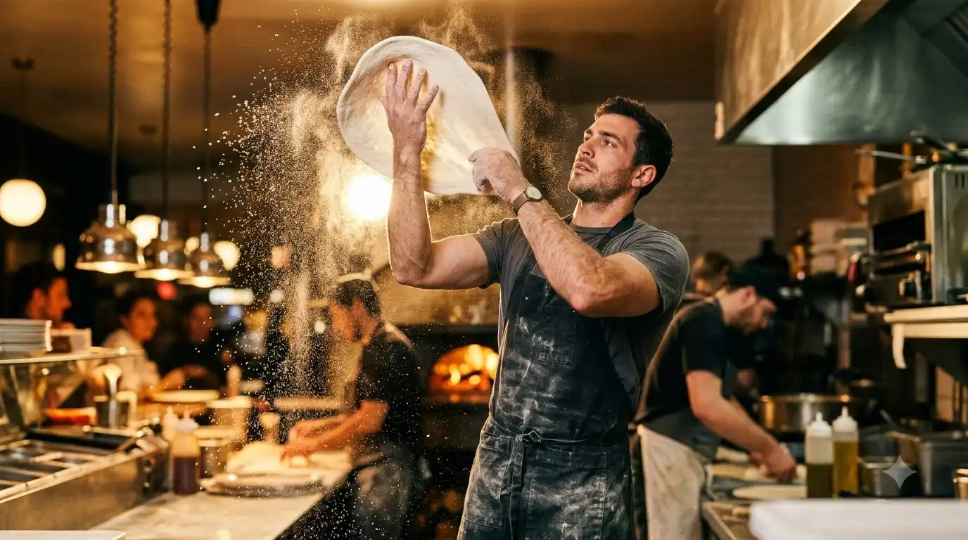 hands stretching a pizza dough base on a floured wooden counter
