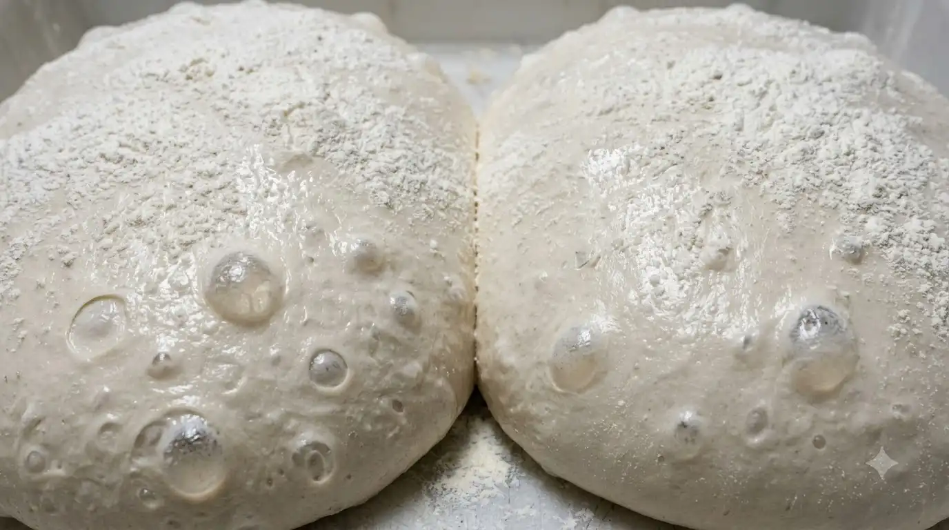Proofed Neapolitan pizza dough balls with airy bubbles after overnight rest