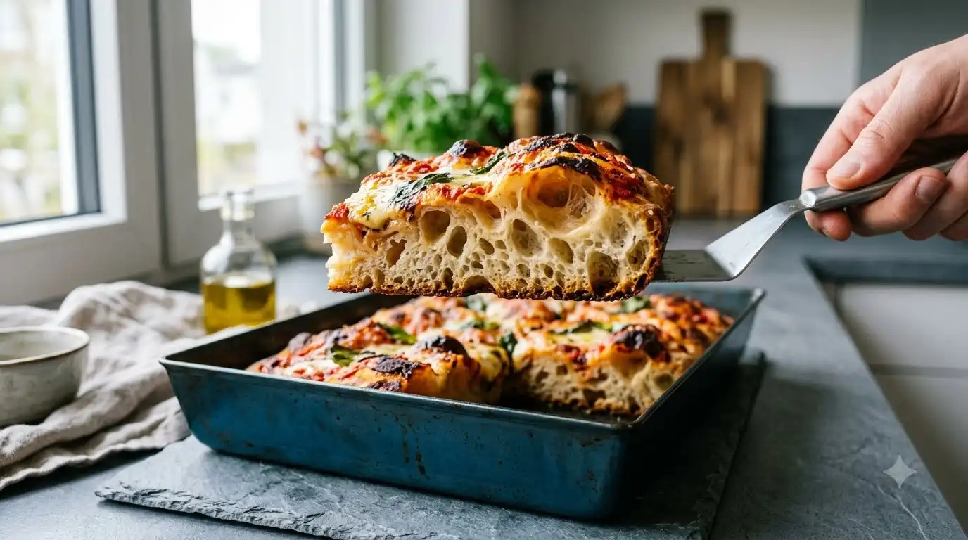 Roman-style tray pizza slices showing a crisp base and airy crumb