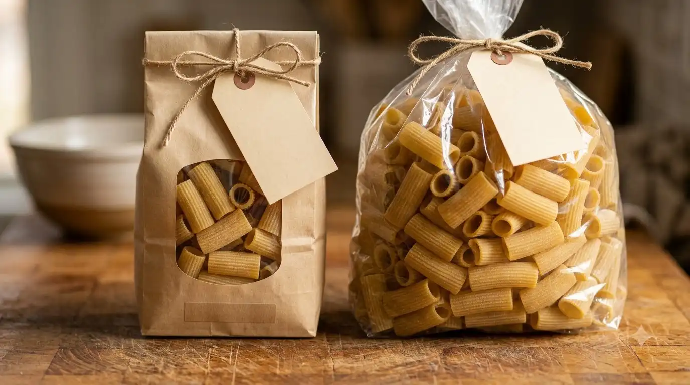 two bags of dried rigatoni pasta with price per ounce labels