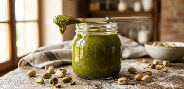 Gusto Etna 100% Pistachio Paste Unsweetened jar opened on a professional kitchen counter