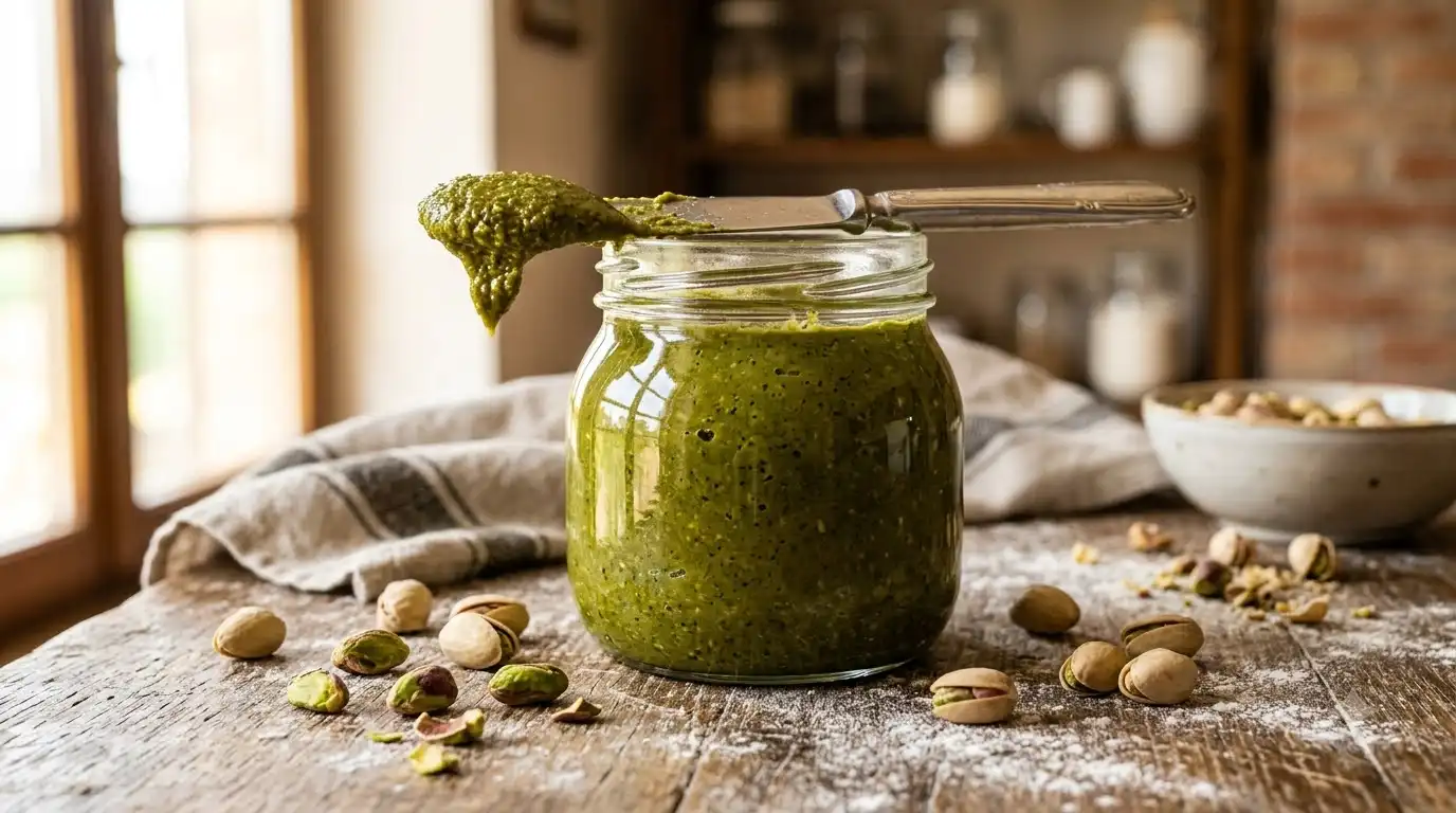 Gusto Etna 100% Pistachio Paste Unsweetened jar opened on a professional kitchen counter
