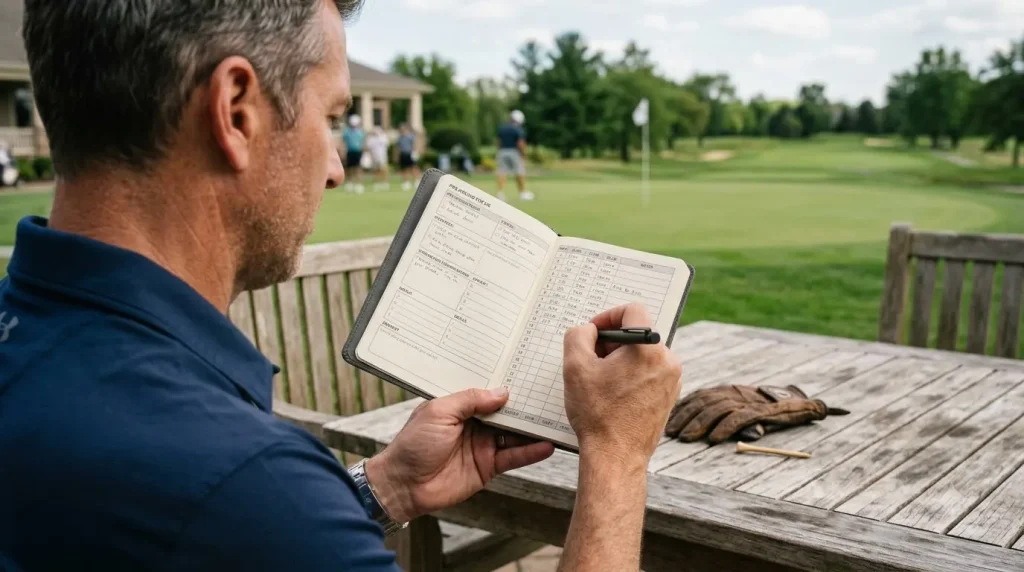 pocket sized golf performance journal open to a pre round planning page