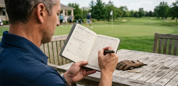 pocket sized golf performance journal open to a pre round planning page